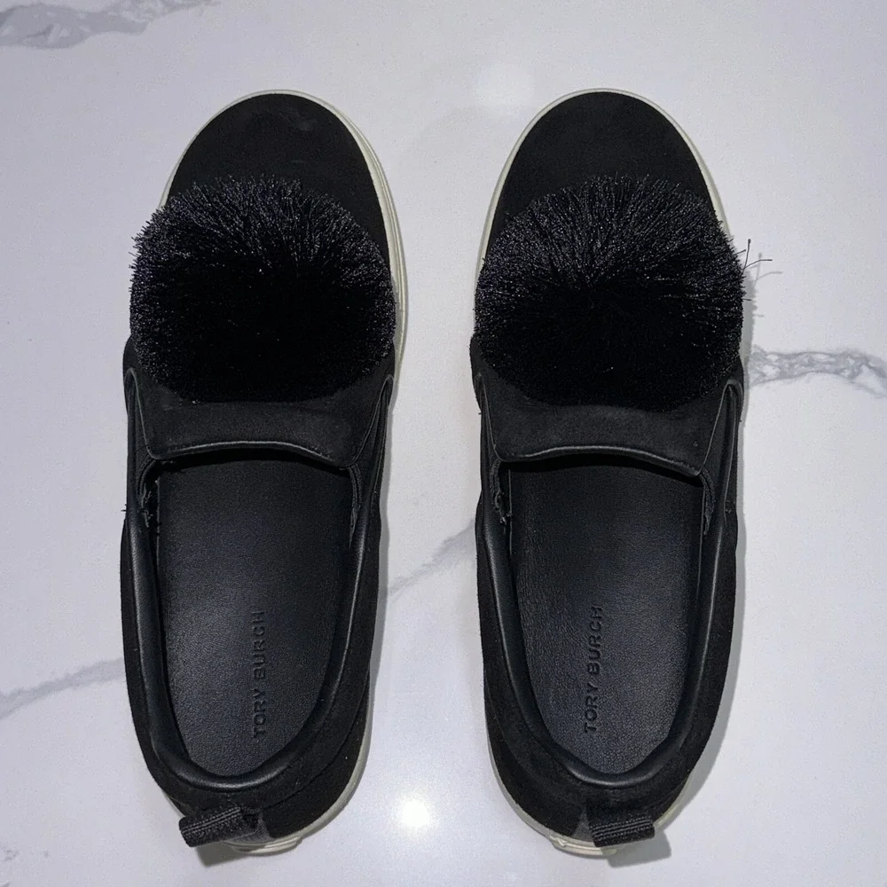 Tory Burch Pom Pom Designer Sneakers Shoes Black Women's Size 7.5